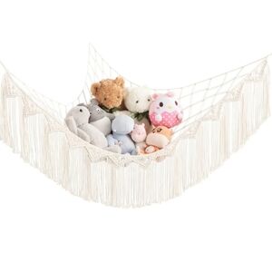 Stuffed Animal Hammock Corner Macrame Toy Storage Organizer Twinkle Lights Boho